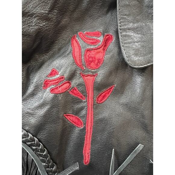 Vintage Addis Biker Fringe Leather Jacket Velvet Cut Out Rose Conchos Womens 16 - Picture 5 of 12
